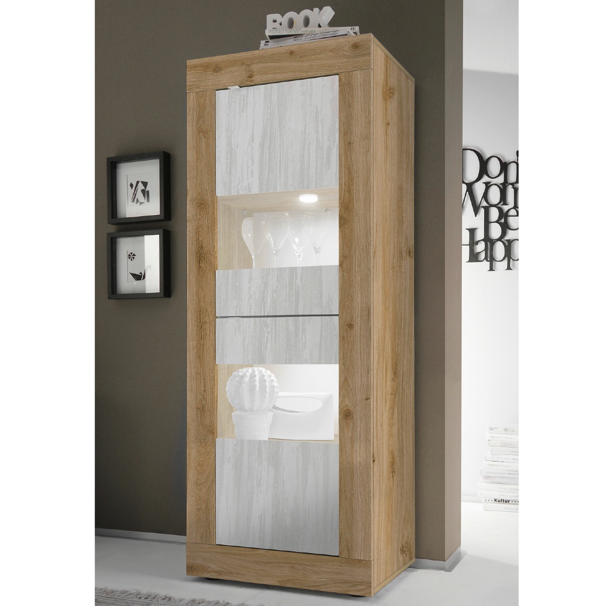 Vitrine moderne bois et blanc 1 porte 60cm CALIA 2.