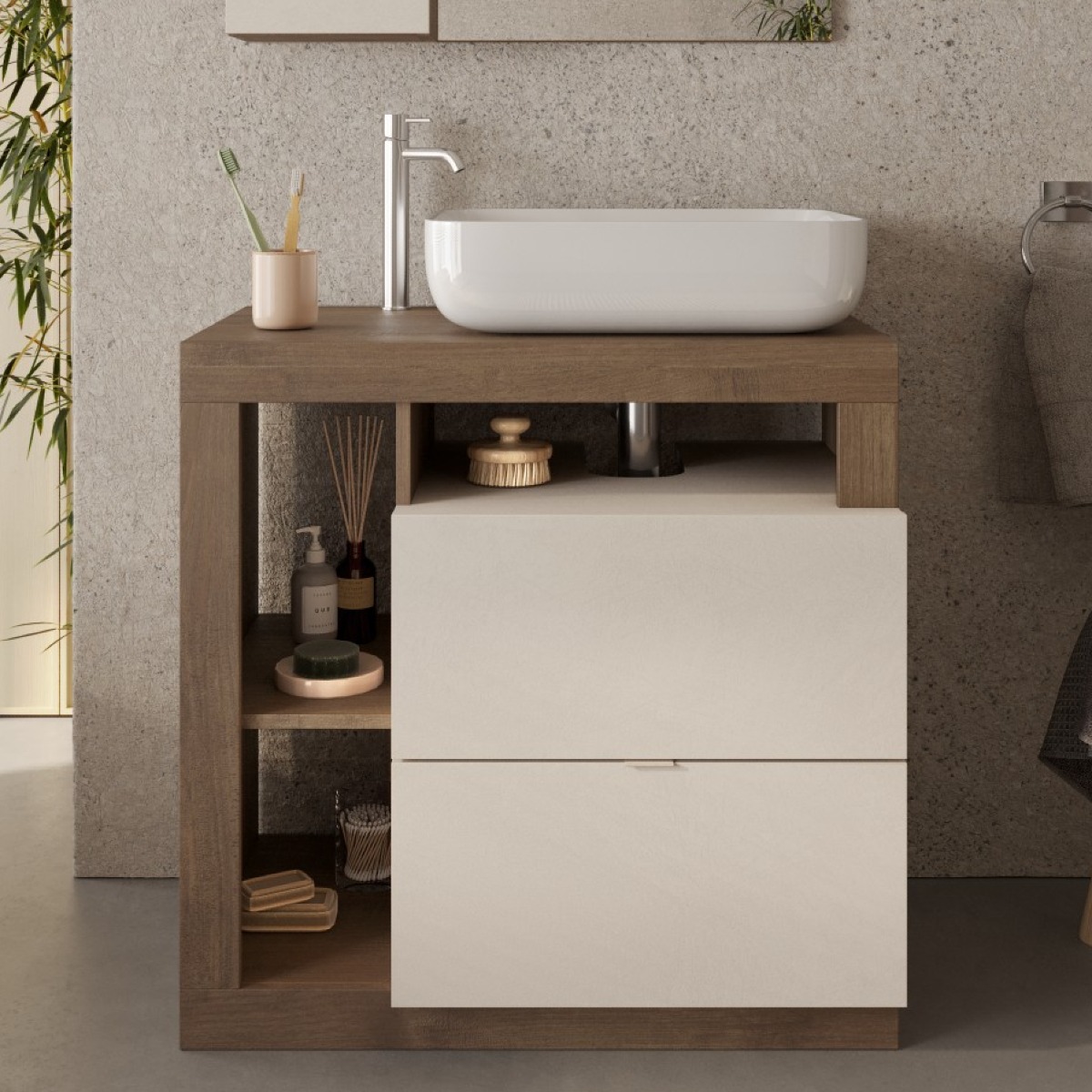 Meuble salle de bain coloris noyer et blanc + vasque L 80cm GAMA