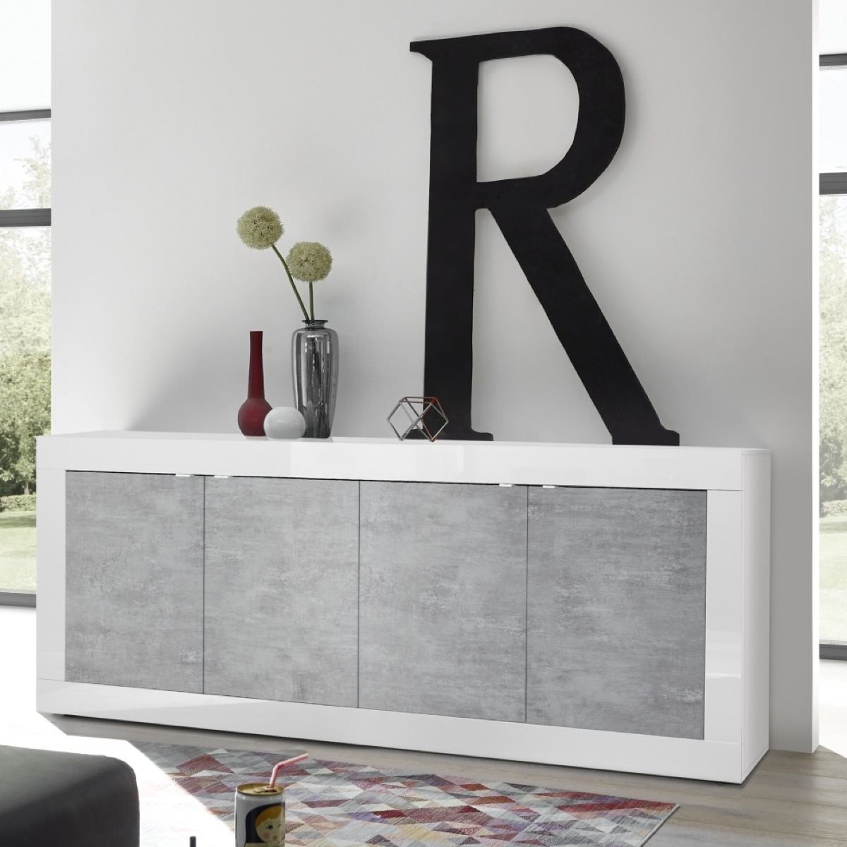 Buffet bas moderne 4 portes blanc et gris béton 210cm CALIA