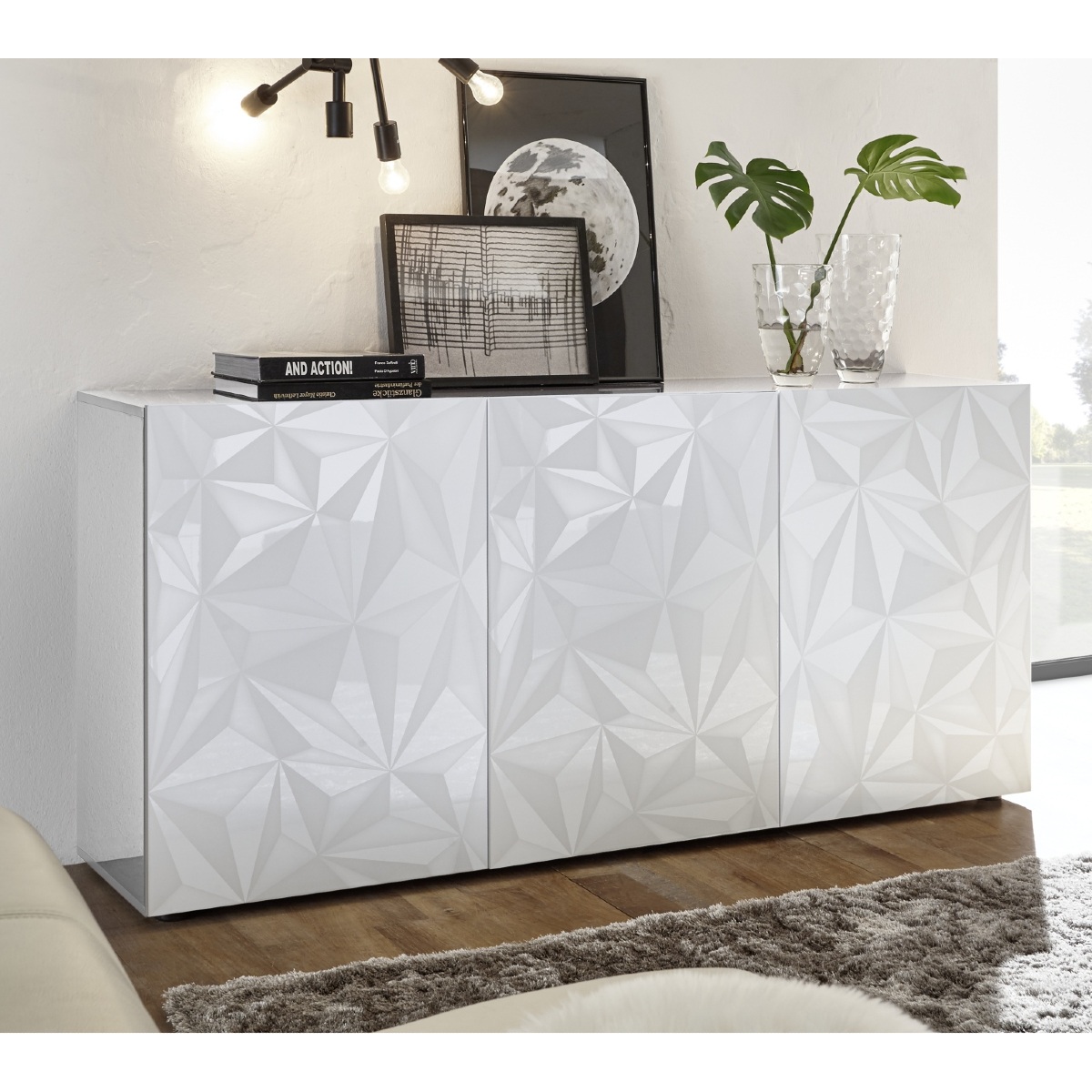 Buffet bas moderne laqué blanc 3 portes 180cm CAPRI