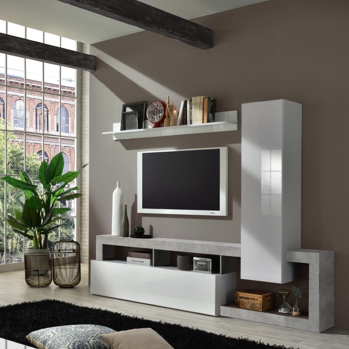 Ensemble tv mural laqué blanc et gris béton 220cm GAMA