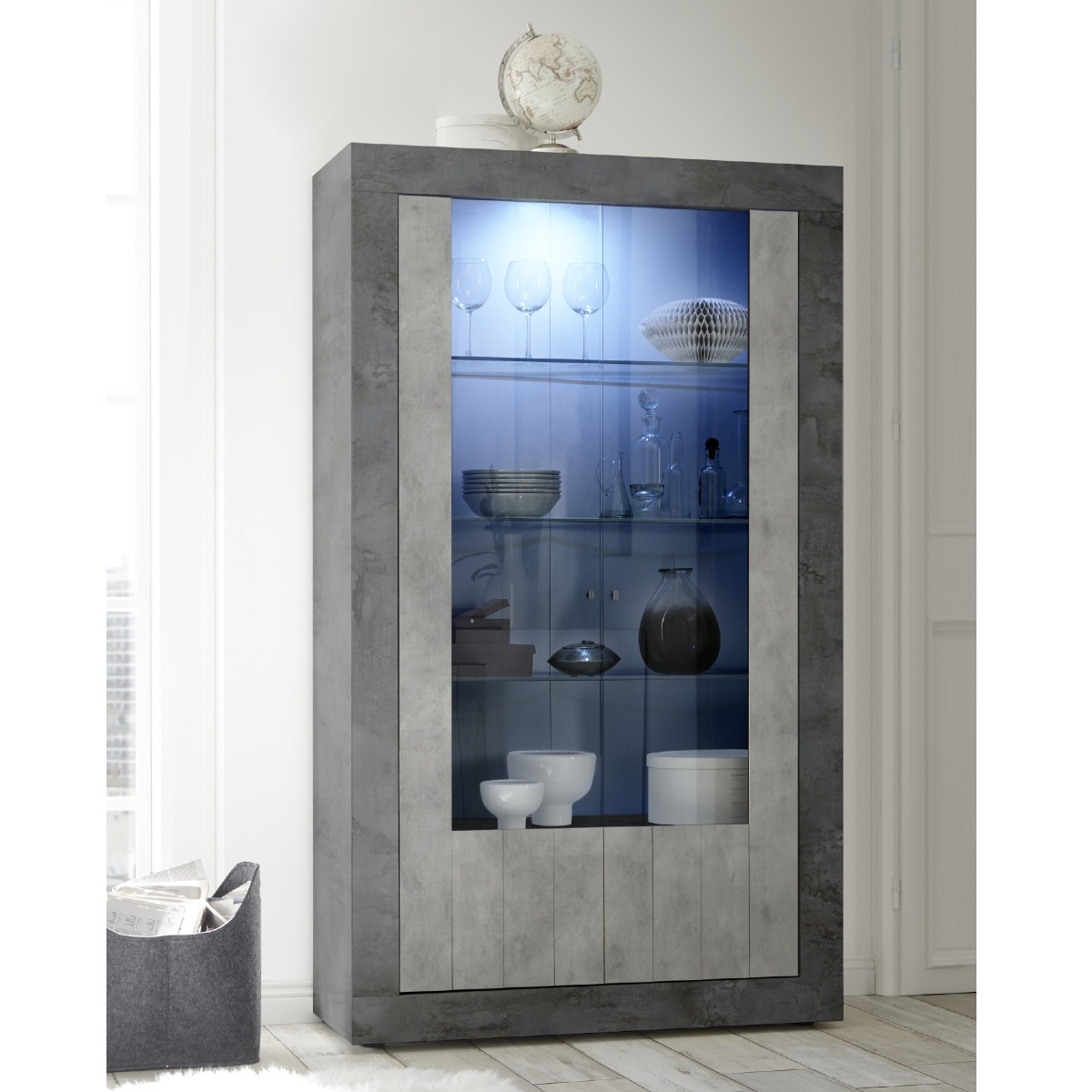 Vitrine moderne gris oxyde et gris béton 2 portes 110cm NIO