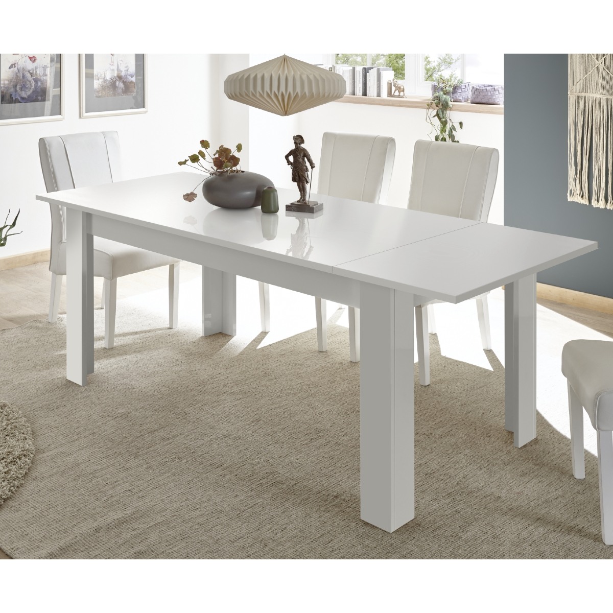Table à manger design laqué blanc 137cm + rallonge APHODITE