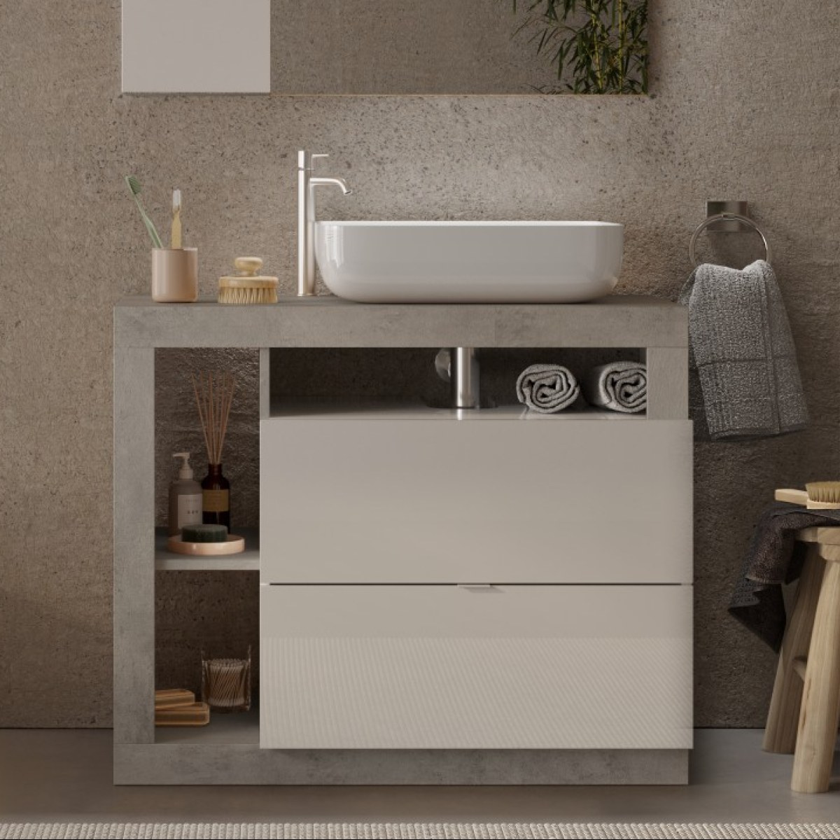 Meuble salle de bain gris béton et blanc + vasque L 90cm GAMA