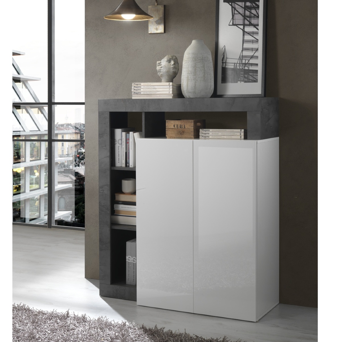 Buffet haut moderne laqué blanc et gris anthracite GAMA