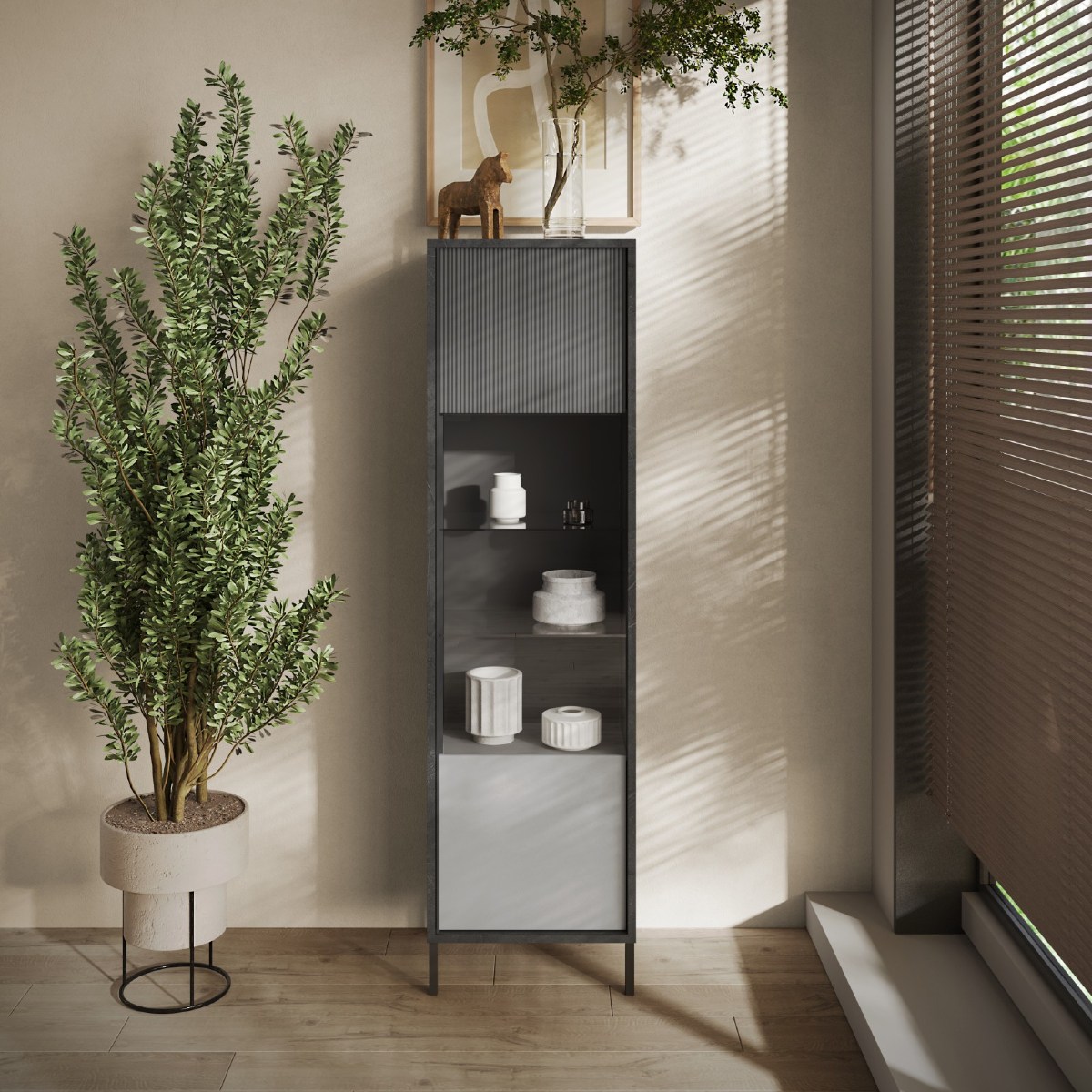 Vitrine moderne 1 porte vitrée gris béton EZE