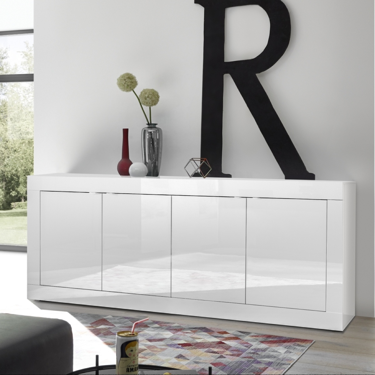 Buffet bas moderne 4 portes blanc laqué 210cm CALIA