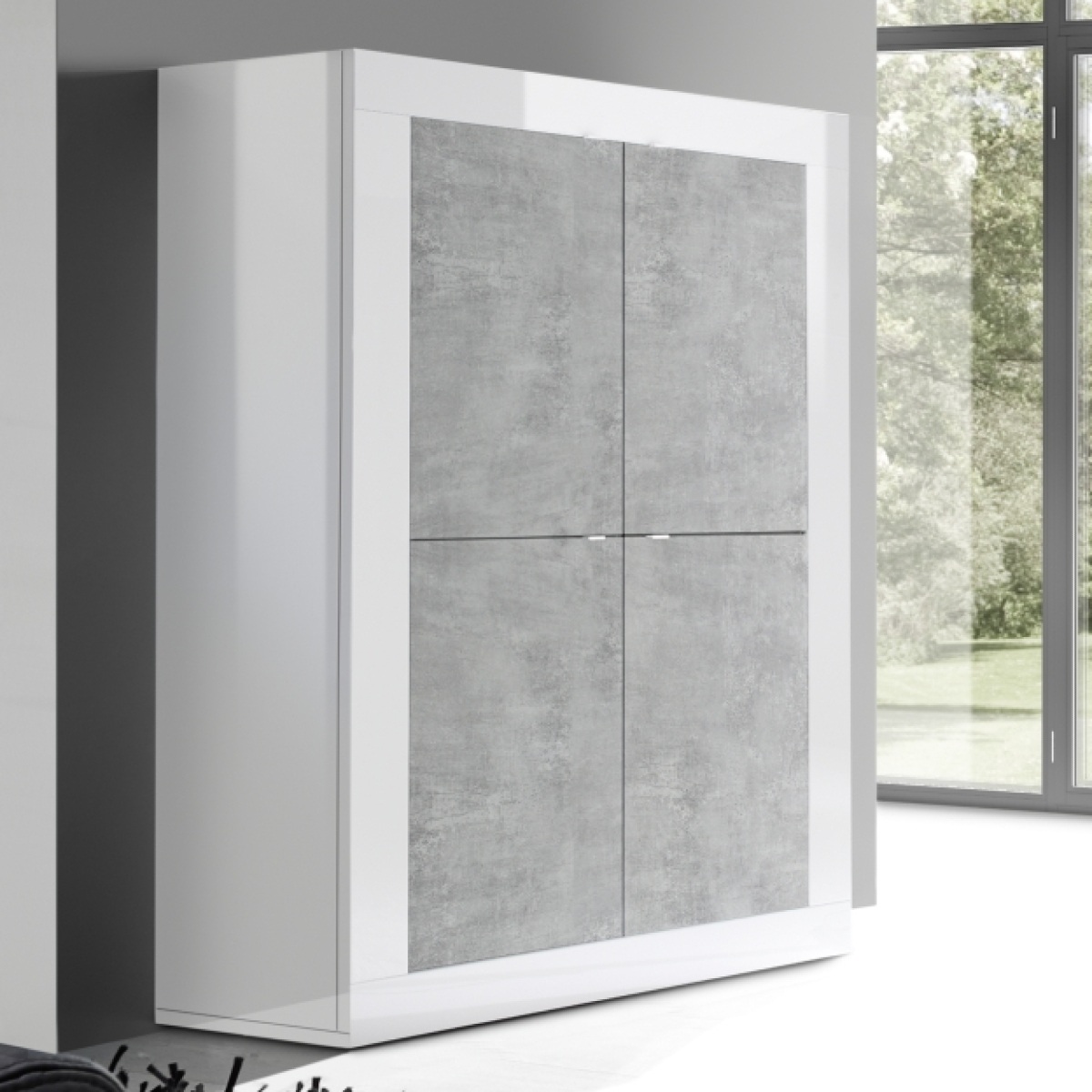 Argentier-bar 4 portes pleines blanc et gris béton CALIA