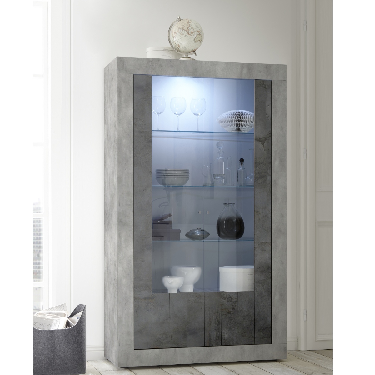 Vitrine moderne gris béton et gris oxyde 2 portes 110cm NIO