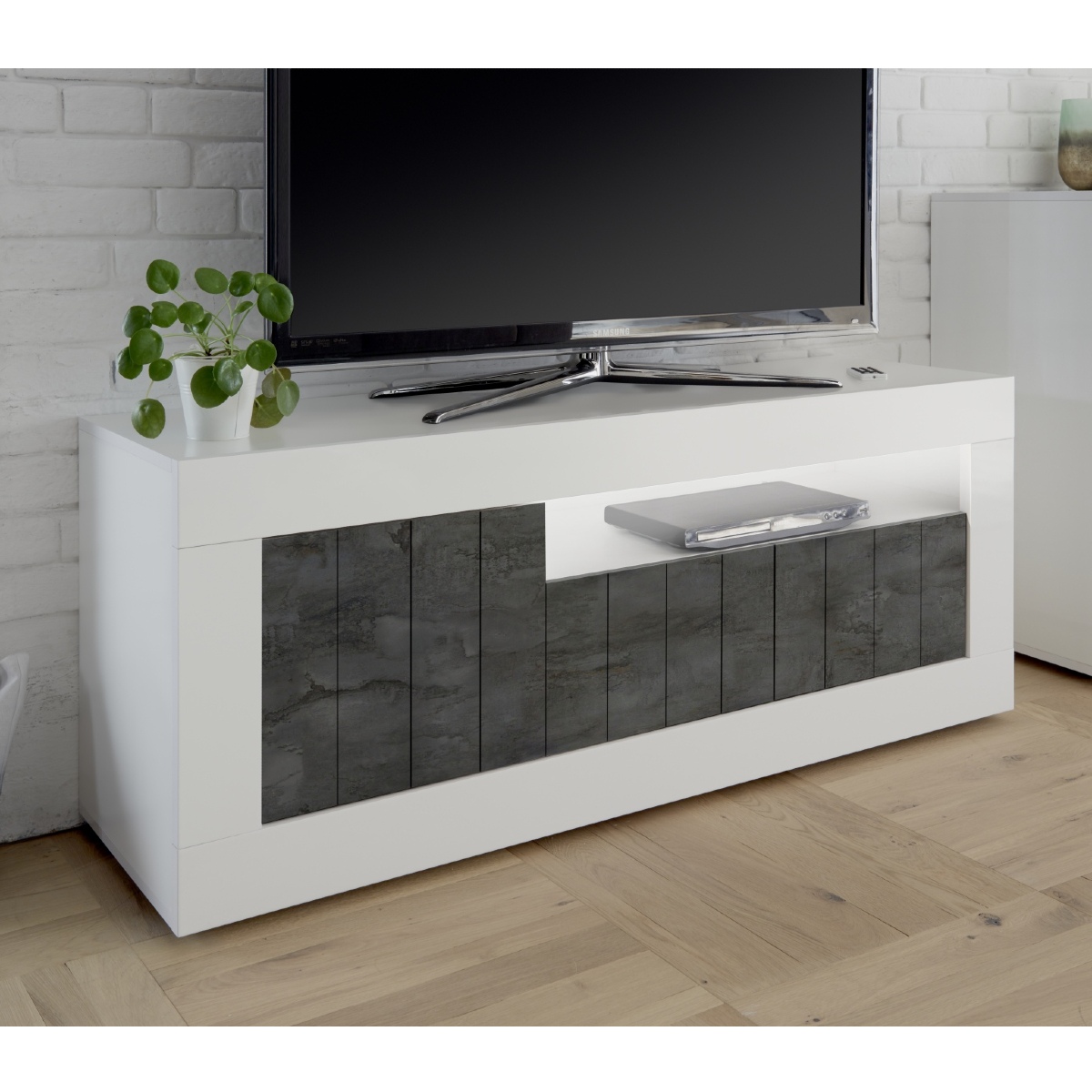 Meuble TV moderne blanc laqué et gris oxyde 3 portes 140cm NIO
