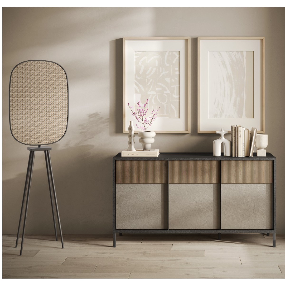 Buffet moderne 3 portes bois et travertin 160cm EZE