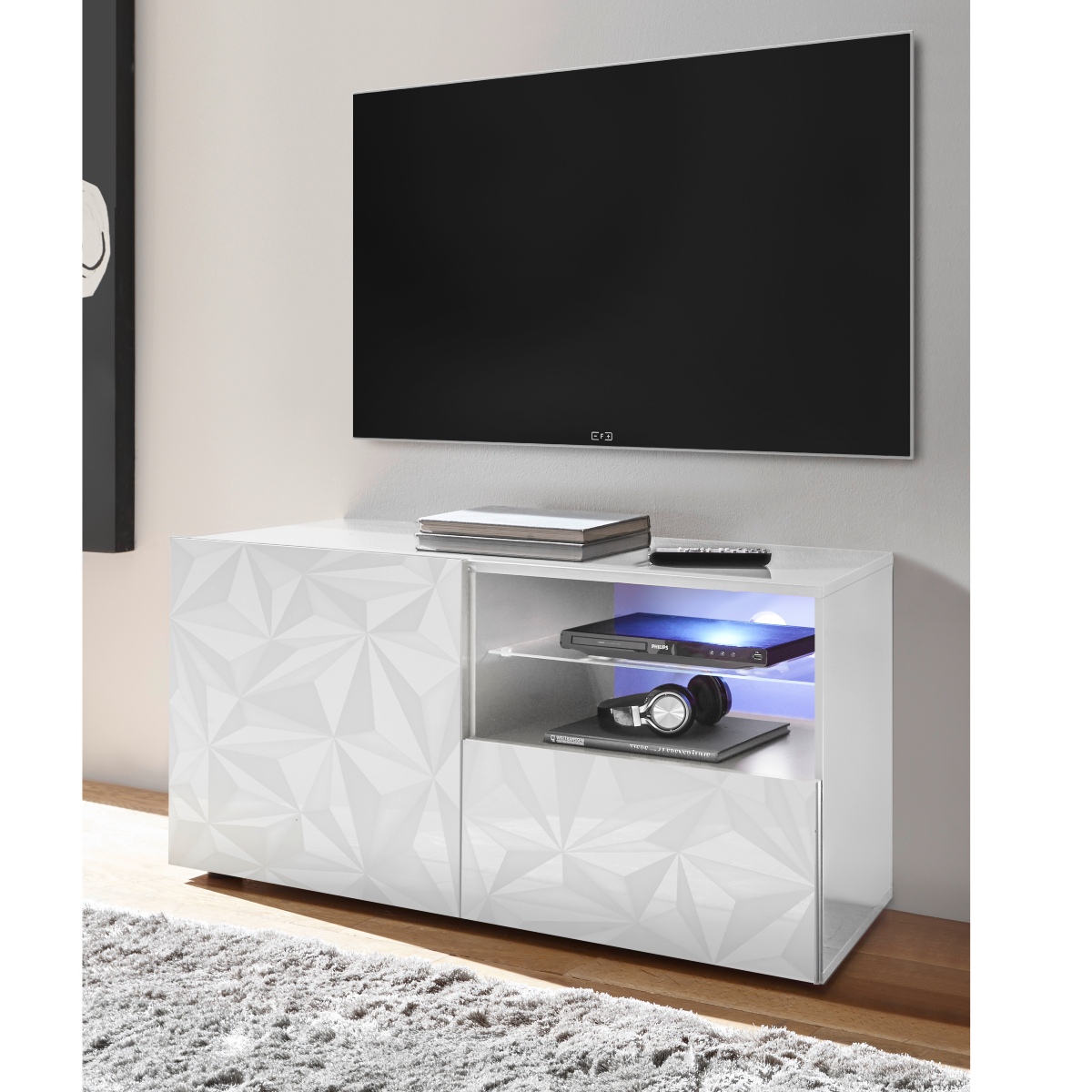 Meuble tv moderne laqué blanc 120cm avec LED CAPRI
