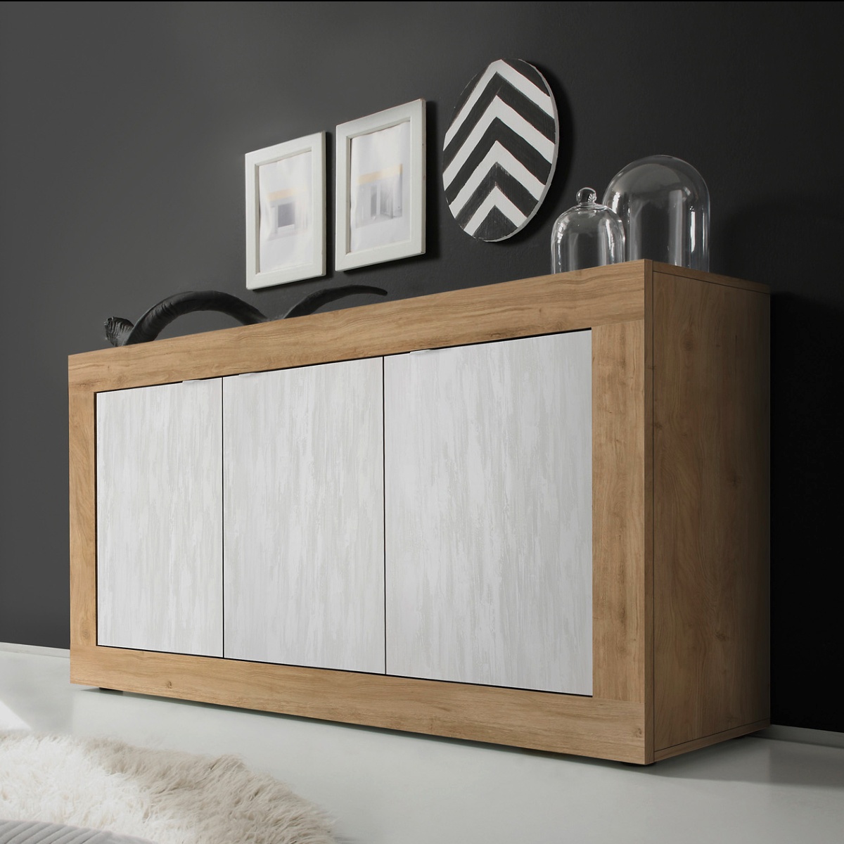 Buffet bas moderne bois et blanc 3 portes 160cm CALIA 2