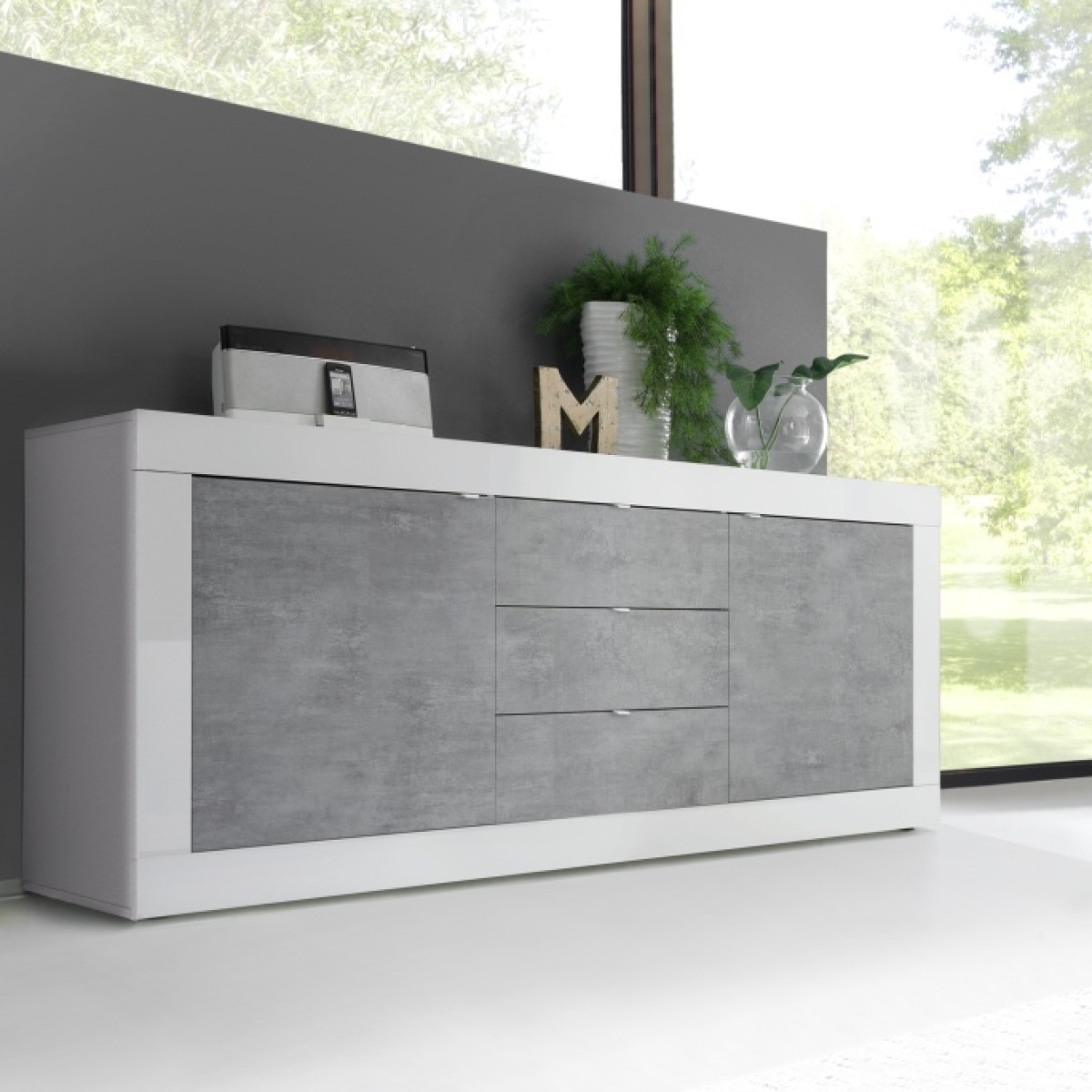 Buffet bas 2 portes - 3 tiroirs blanc et gris béton CALIA