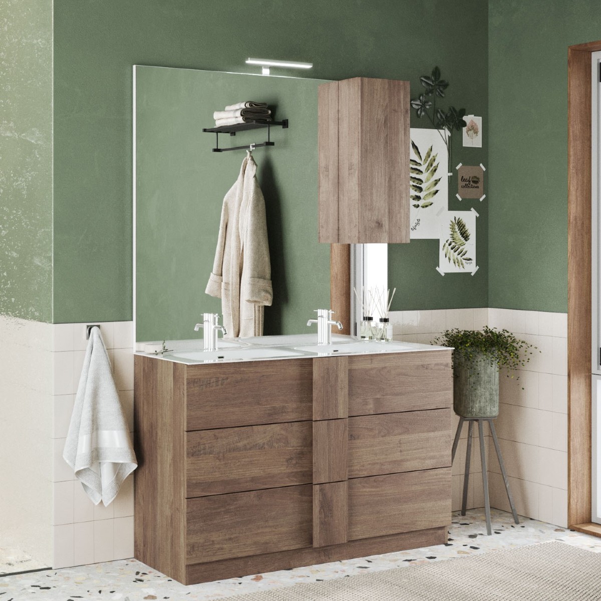 Meuble vasque en bois 120cm + vasque + miroir + colonne TERRA