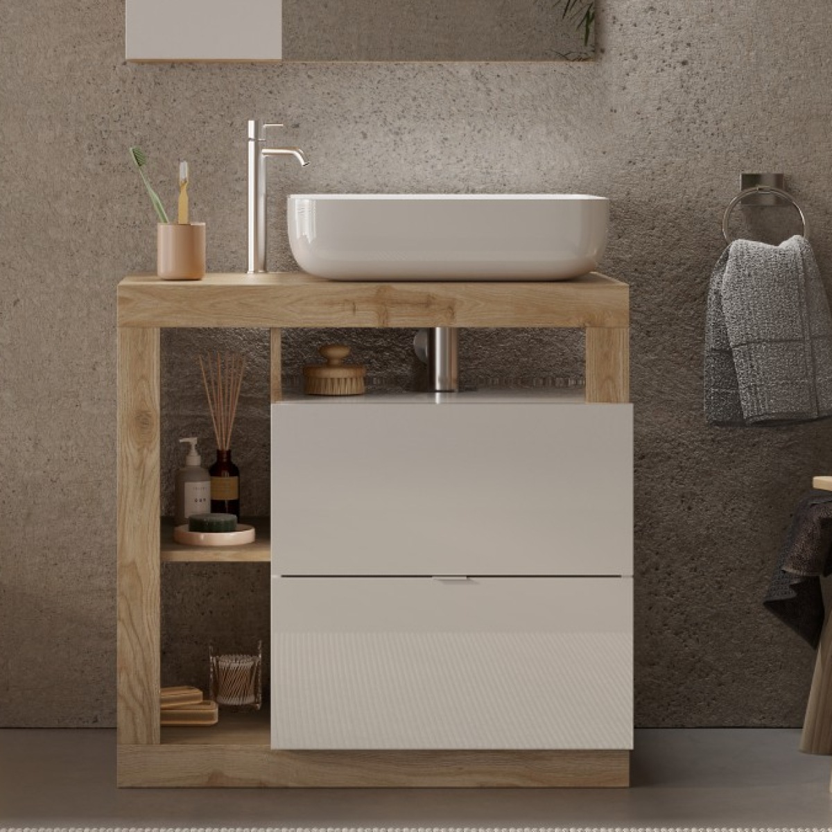 Meuble salle de bain coloris chêne et blanc + vasque L 80cm GAMA