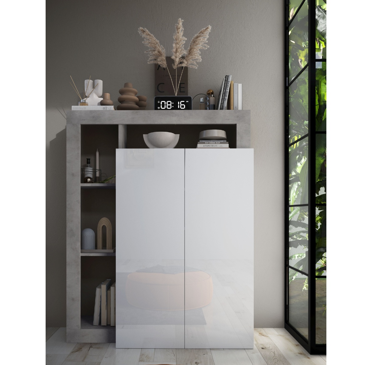 Buffet haut moderne laqué blanc et gris béton GAMA