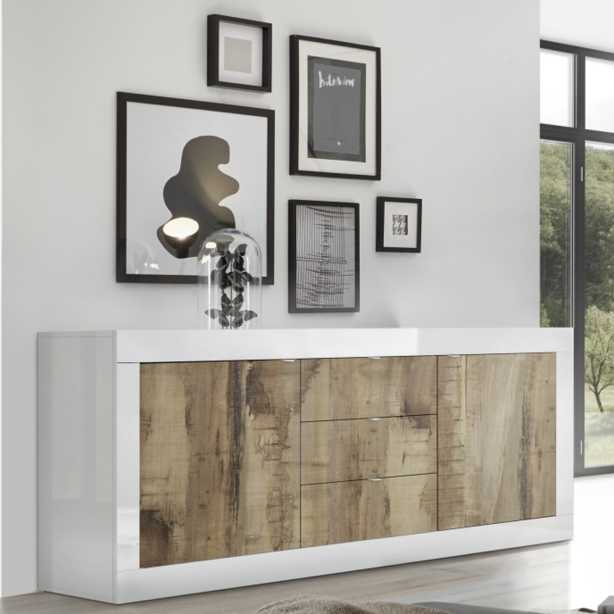 Buffet bas moderne 2 portes - 3 tiroirs blanc et bois CALIA
