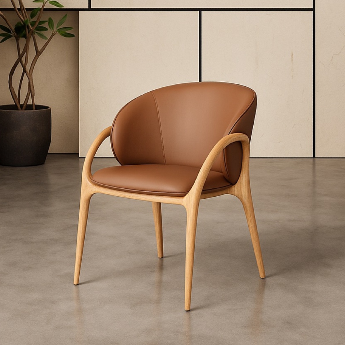 Chaise en cuir marron et pied bois clair HOBY (lot de 2)