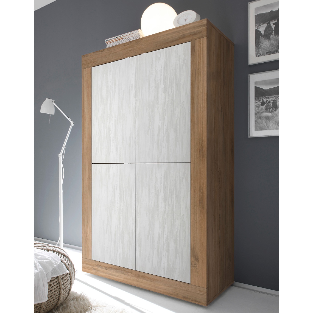 Argentier-bar noyer et blanc 4 portes pleines CALIA 2