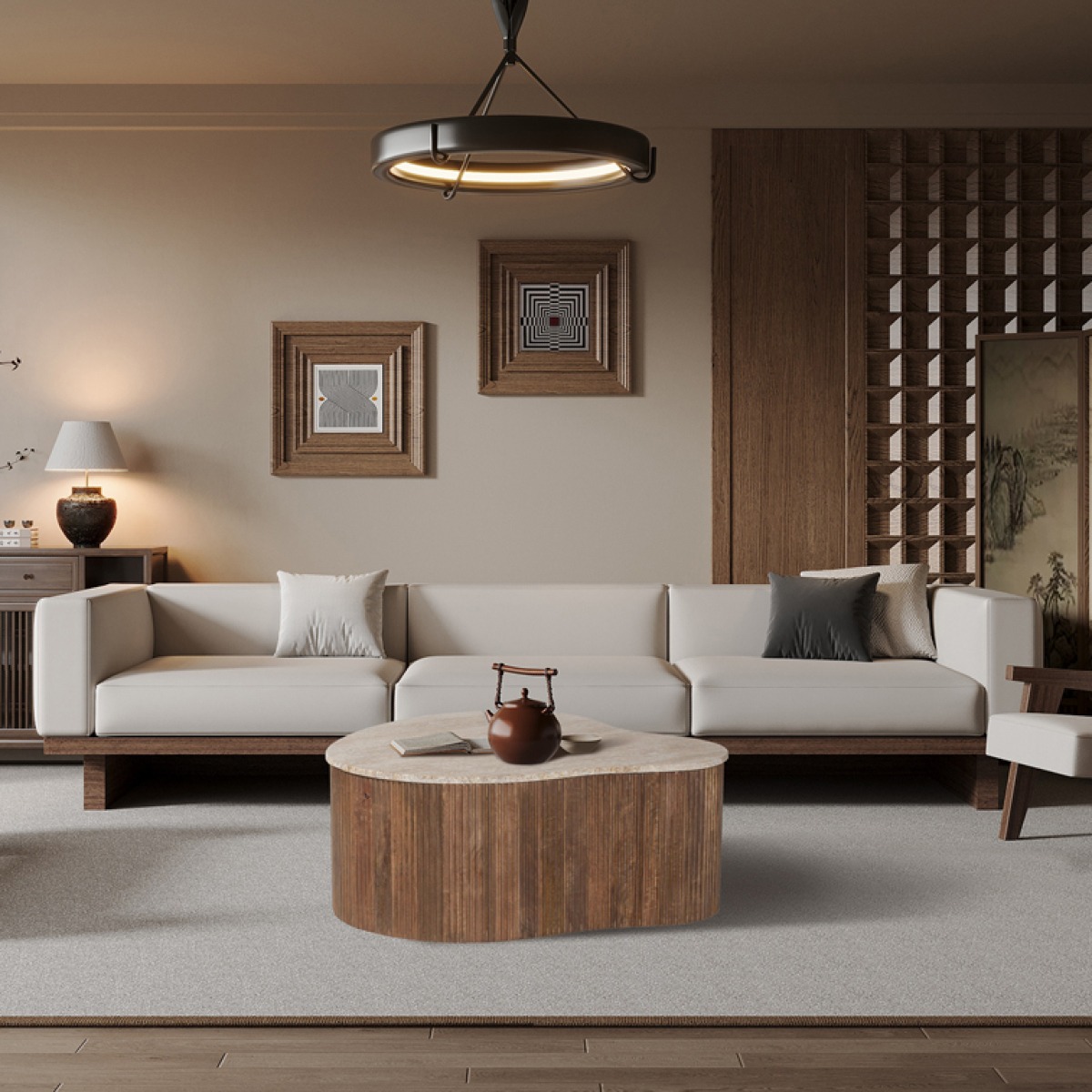 Table basse en bois massif avec plateau en travertin LUPA