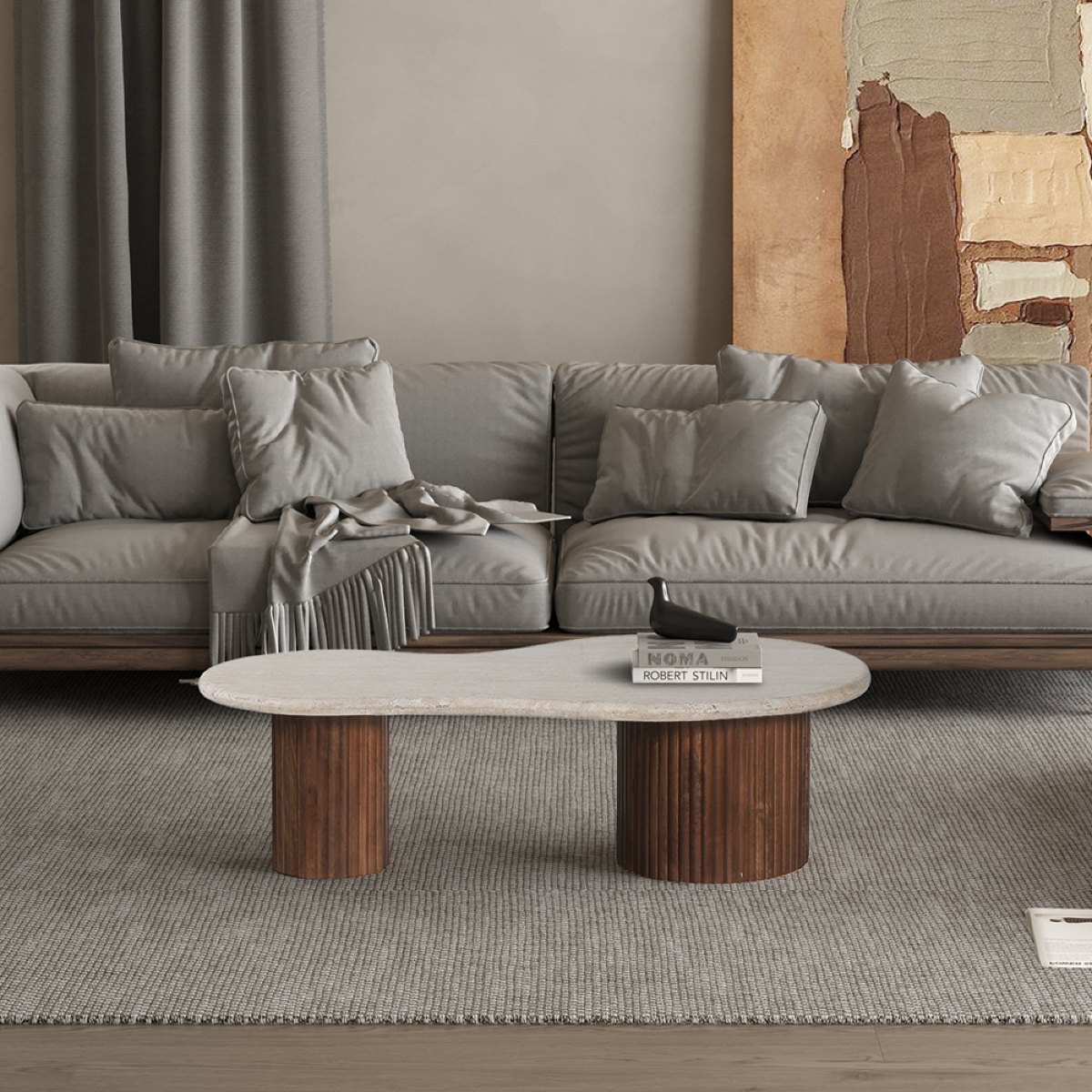 Table basse en bois de manguier avec plateau en travertin MELVINE