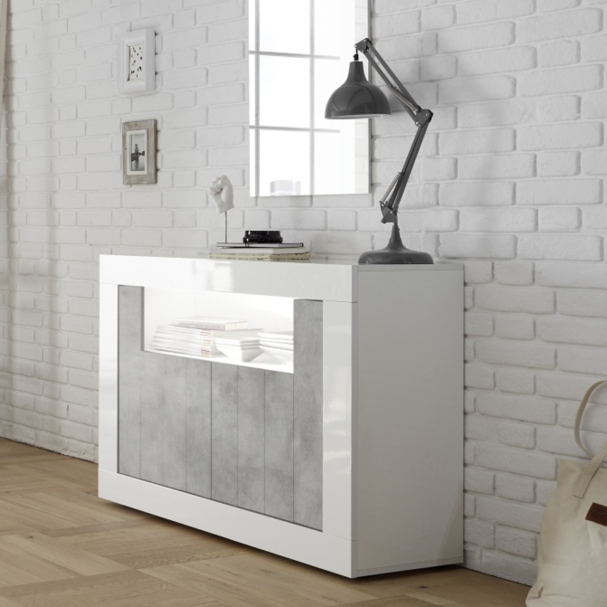 Buffet moderne blanc laqué et gris béton 2 portes 110cm NIO