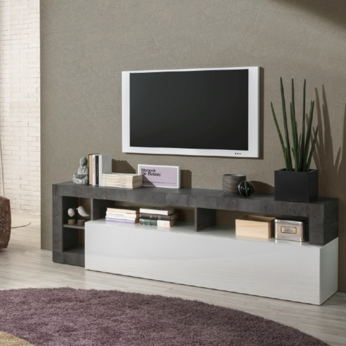 Meuble TV moderne laqué blanc et gris anthracite GAMA