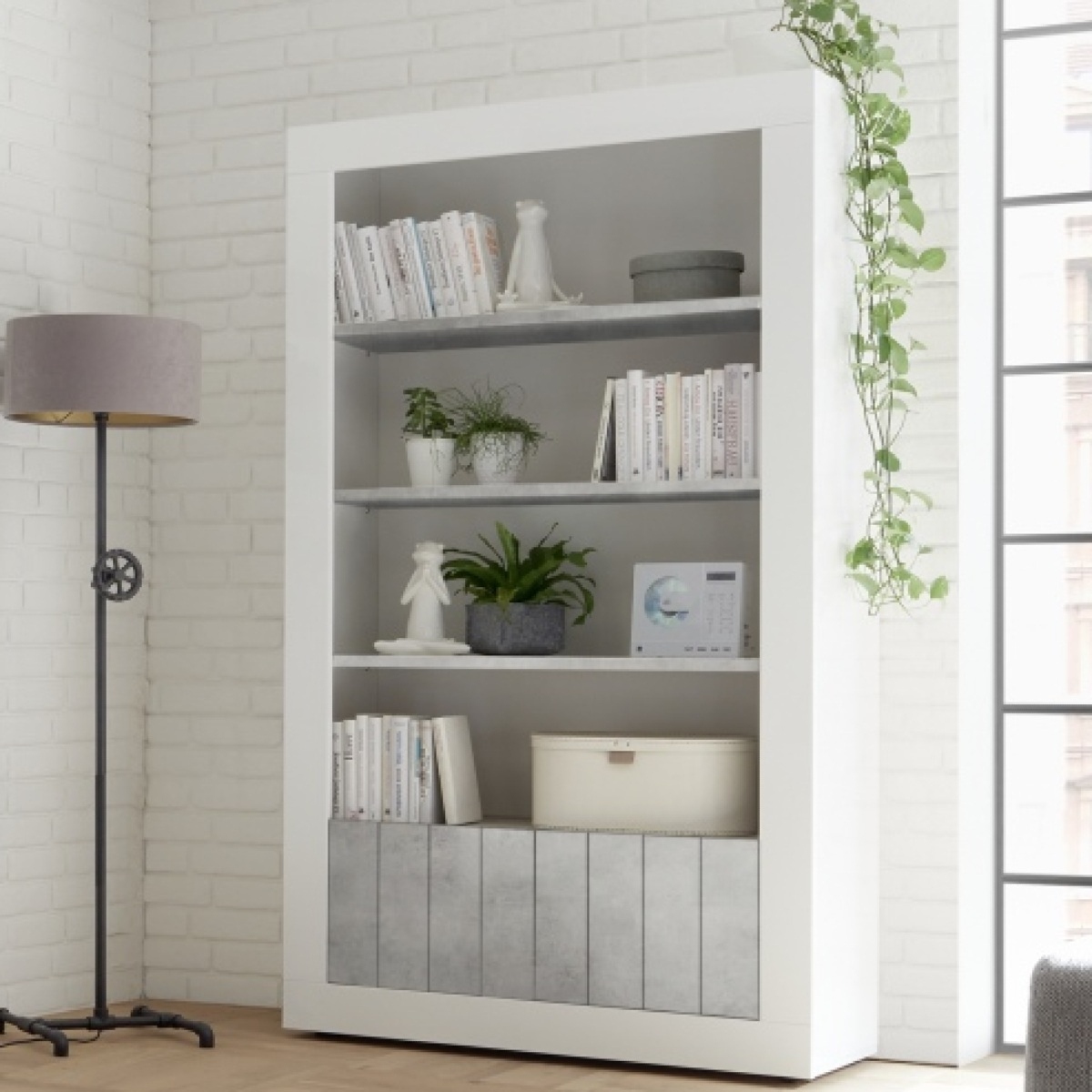 Bibliothèque moderne blanc laqué et gris béton 110cm NIO.