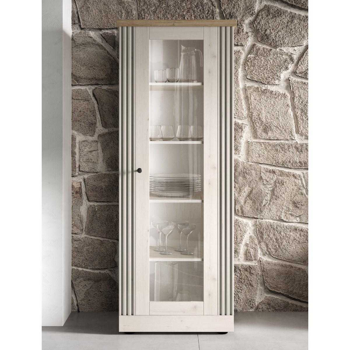 Vitrine 1 porte vitrée coloris blanc et chêne naturel YANIS