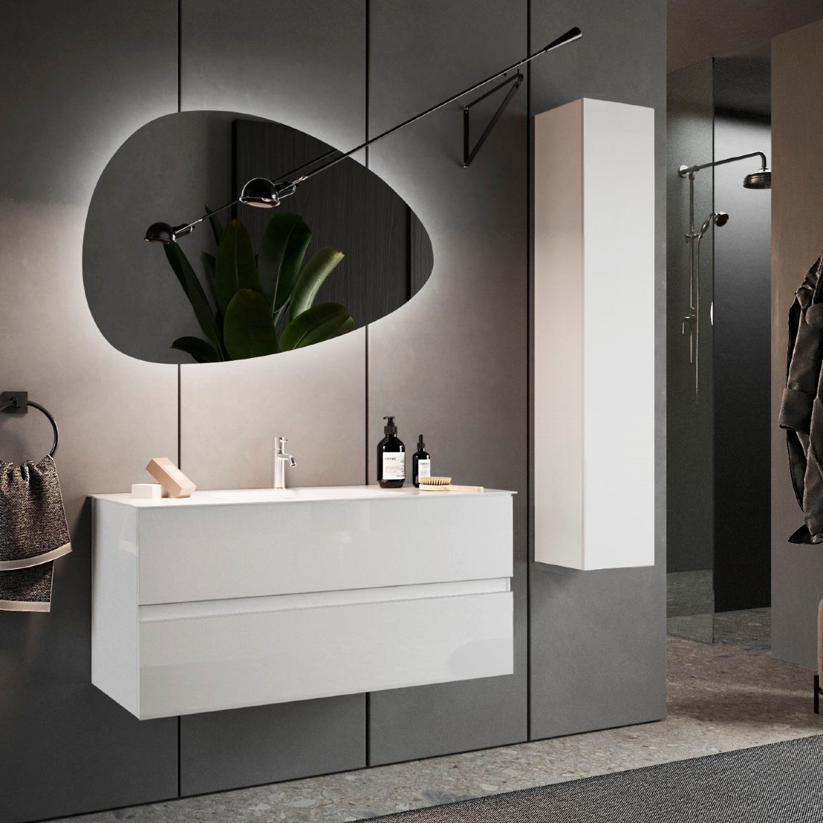 Ensemble de salle de bain TANIA (Meuble suspendu 100cm + vasque + miroir LED + colonne)