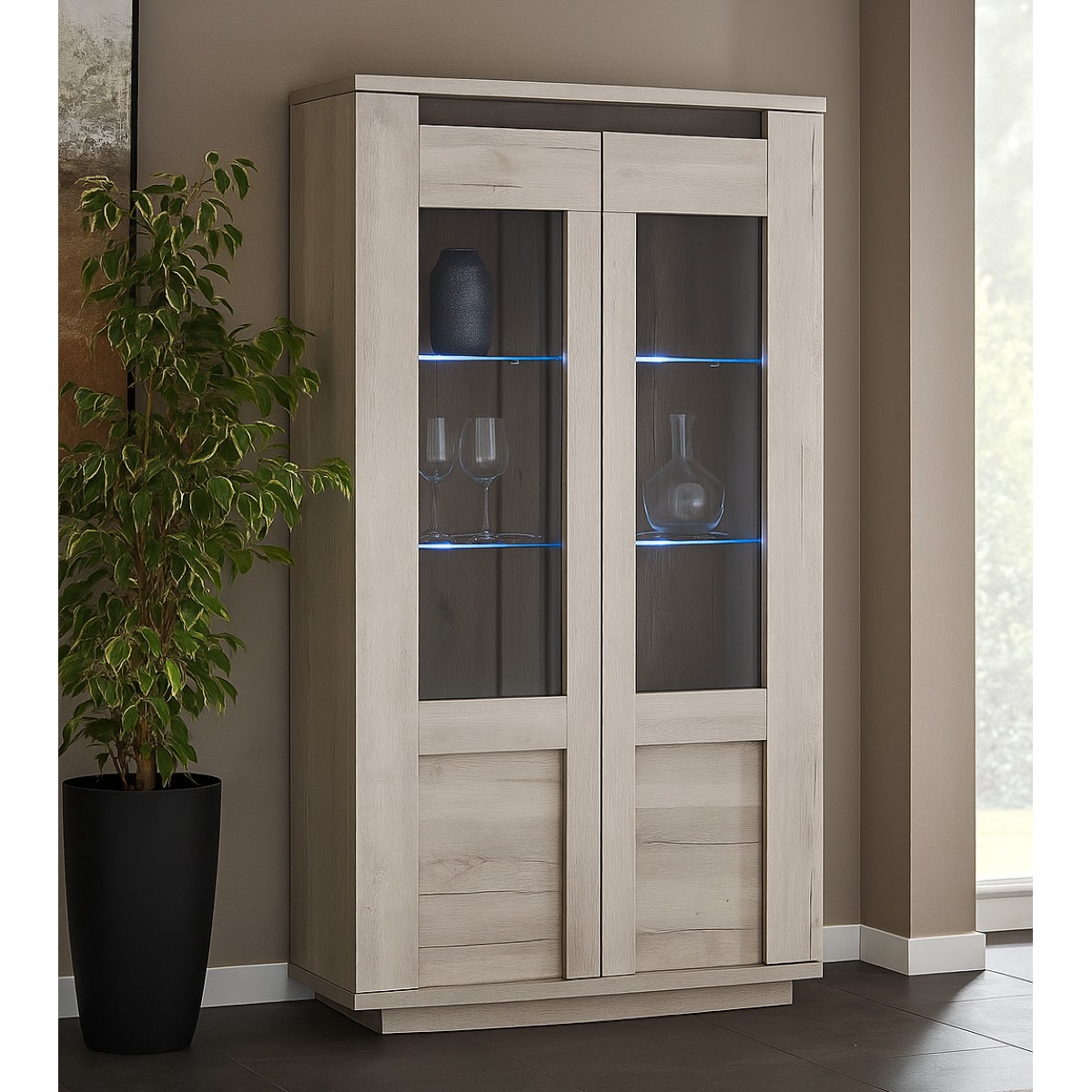 Vitrine contemporaine 2 portes vitrées chêne blanchi MELINDA