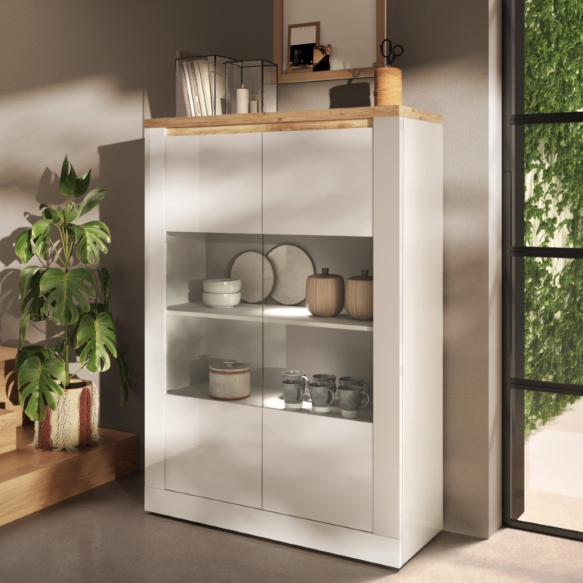 Vitrine moderne 2 portes laqué blanc et bois + led ARIA