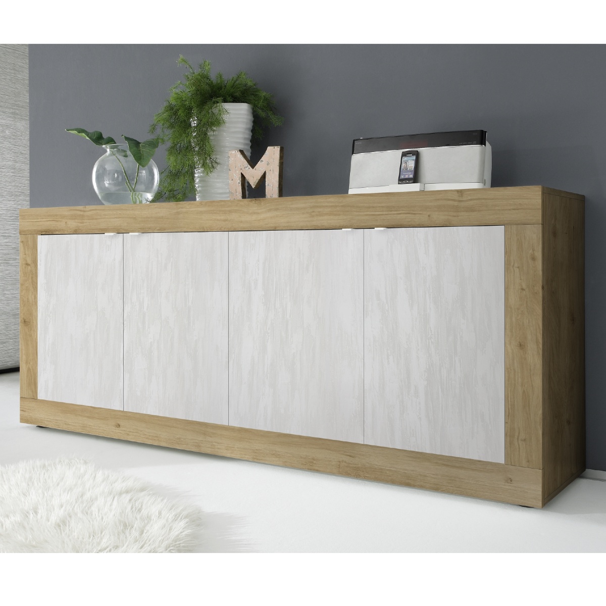 Buffet bas moderne bois et blanc 4 portes 210cm CALIA 2