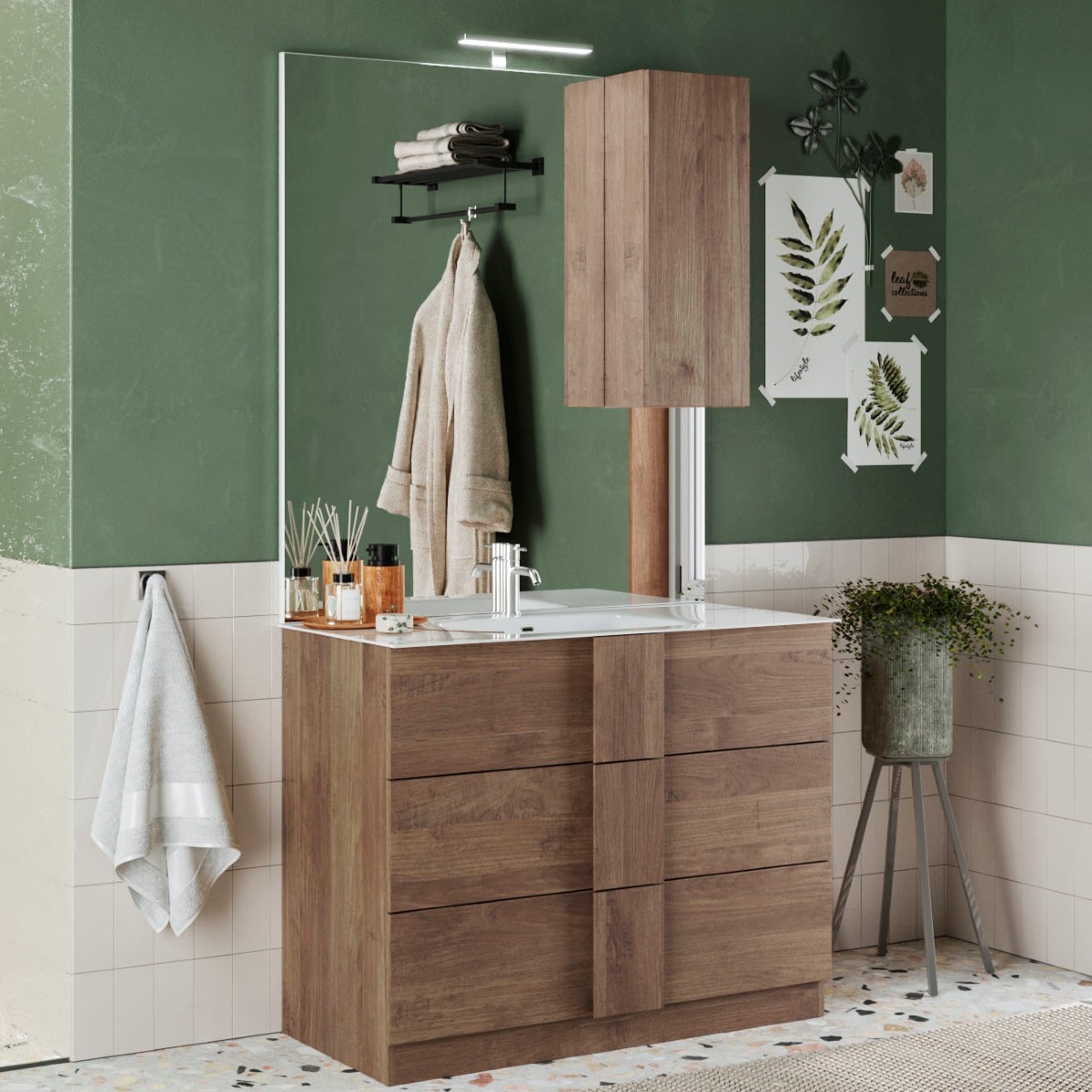 Meuble vasque en bois 80cm + vasque + miroir + colonne TERRA