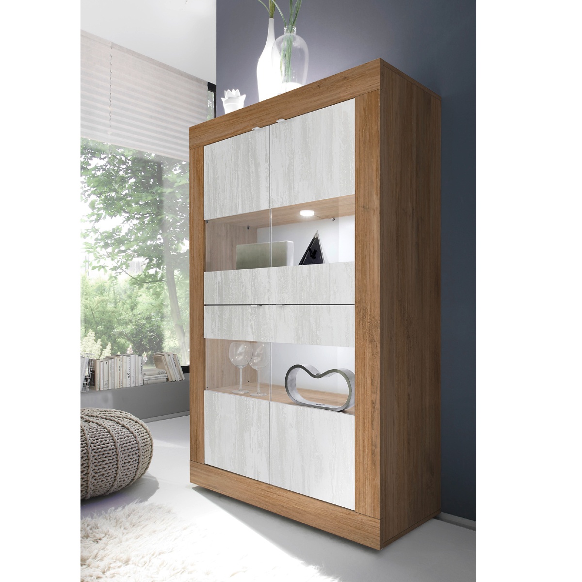 Vitrine moderne noyer et blanc 4 portes 100cm CALIA 2