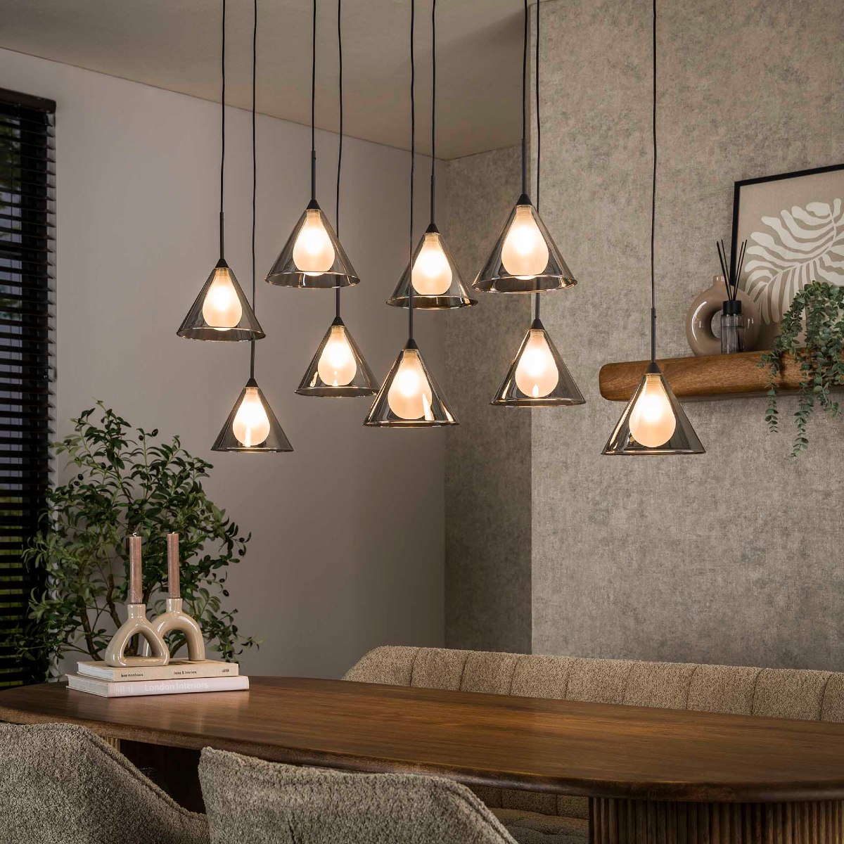 Suspension design en verre fumé 9 lampes coniques GRACY