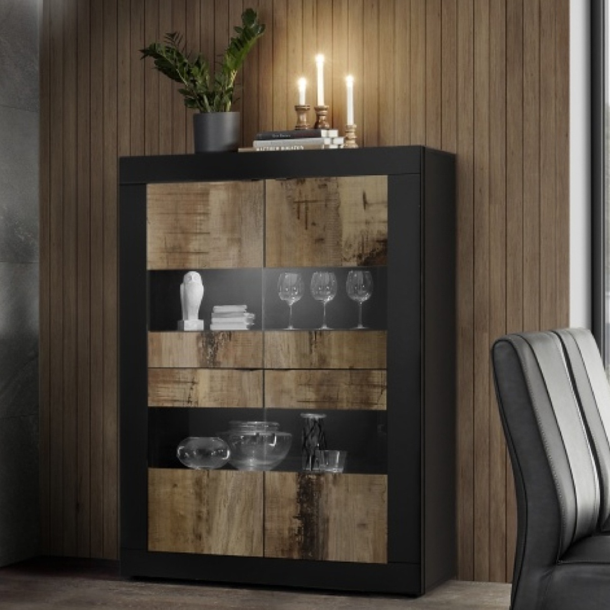 Vitrine moderne 4 portes noir et bois 100cm CALIA