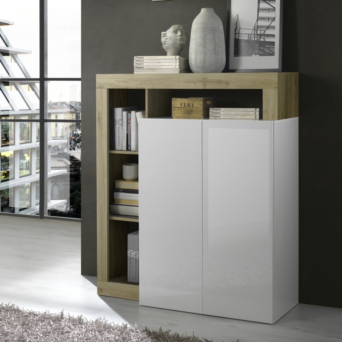 Buffet haut moderne laqué blanc et chêne naturel GAMA