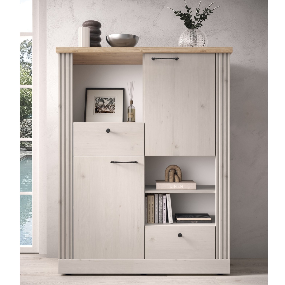 Argentier moderne avec étagères coloris chêne naturel YANIS