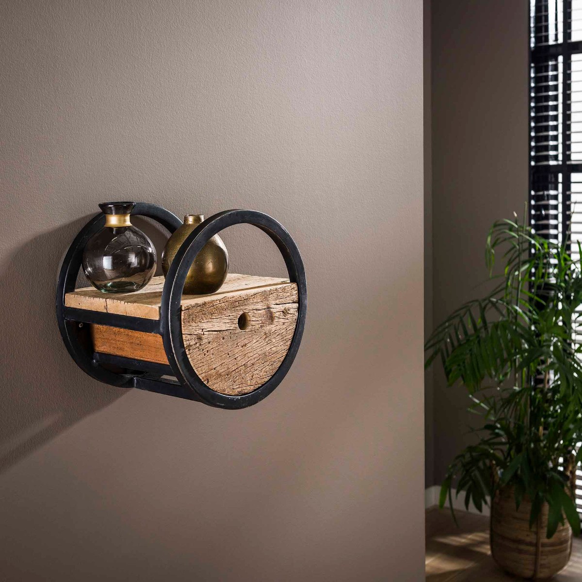 Étagère murale en bois et métal avec tiroir CERCLO