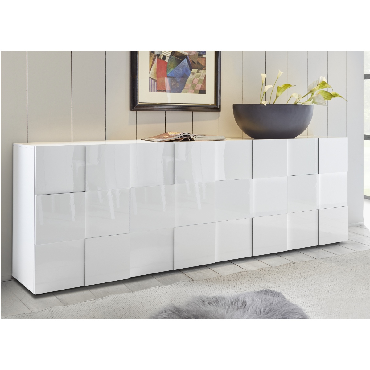 Buffet bas design laqué blanc 4 portes 240cm MADO