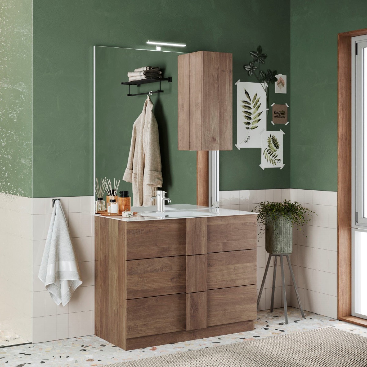 Meuble vasque en bois 100cm + vasque + miroir + colonne TERRA