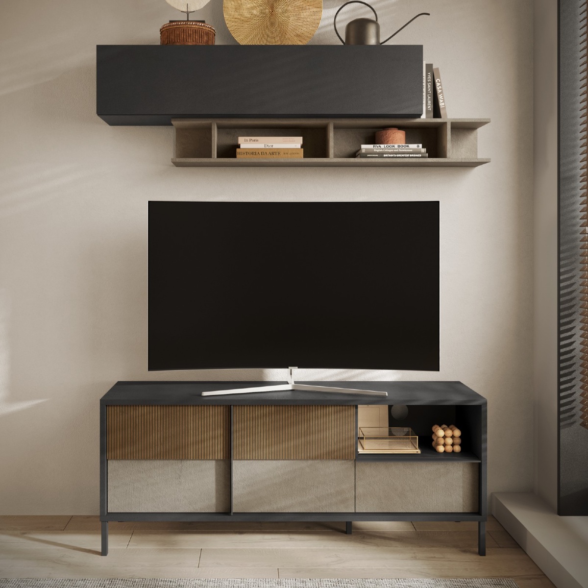 Meuble TV moderne bois strié et travertin 160cm EZE
