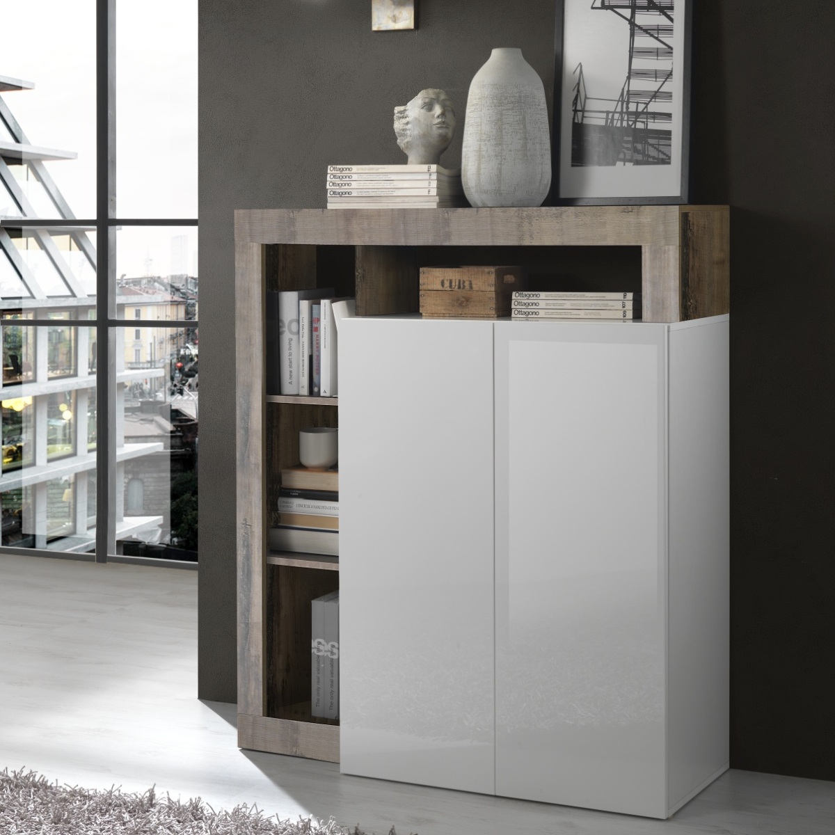 Buffet haut moderne laqué blanc et bois naturel GAMA