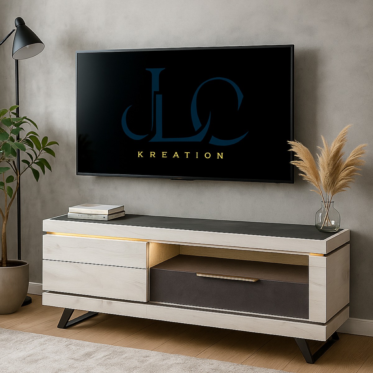 Meuble TV contemporain 155cm chene blanchi avec LED GILDA