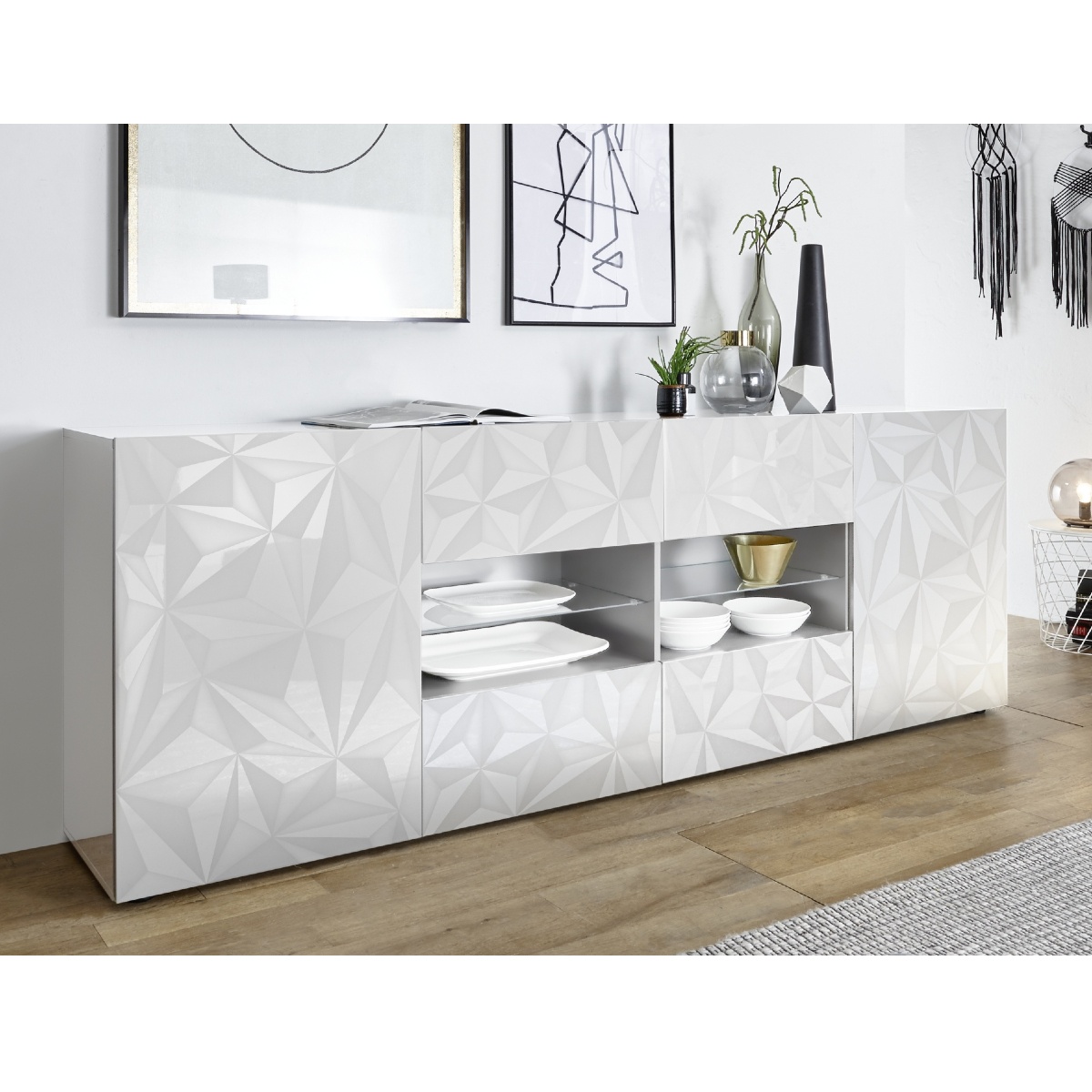 Buffet bas moderne laqué blanc 240cm avec LED CAPRI