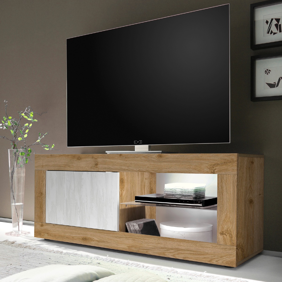 Meuble TV bois et blanc 1 porte - 2 niches 140cm CALIA 2