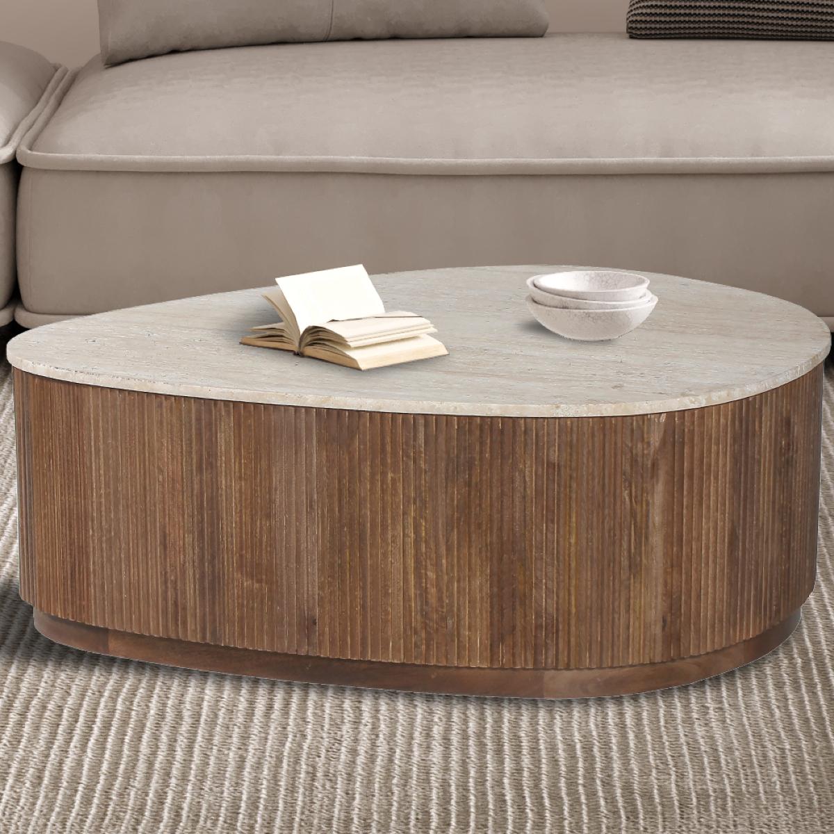 Table basse en bois massif et plateau en travertin NALO