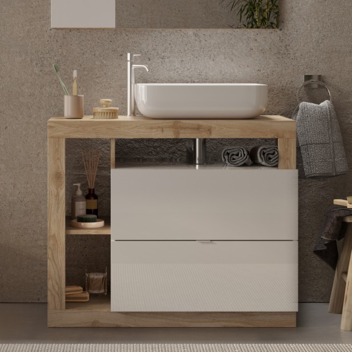 Meuble salle de bain couleur chêne et blanc + vasque L 90cm GAMA